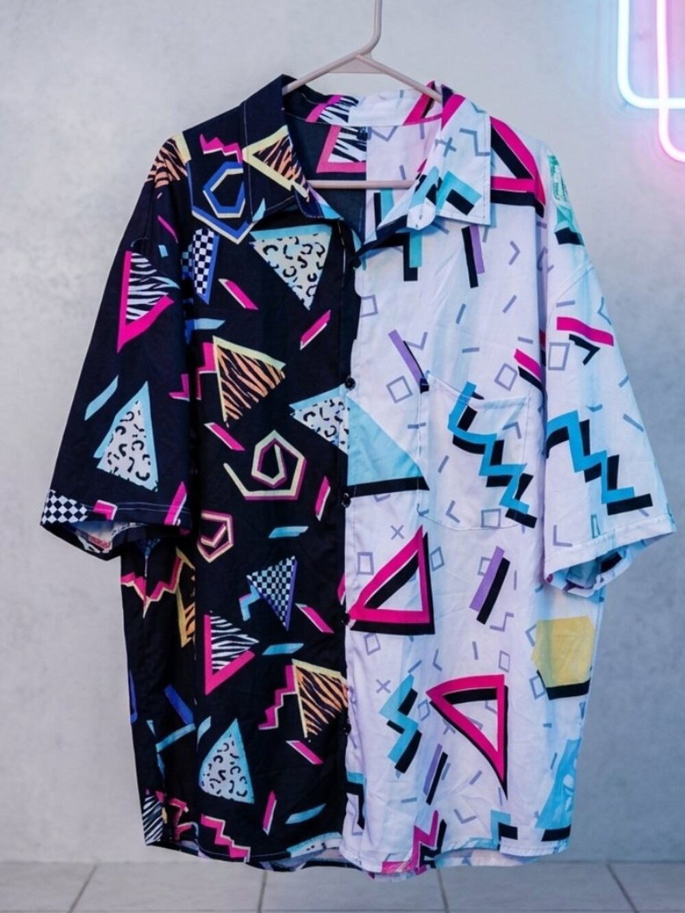 Vintage 80s Memphis Style Geometric Button Down Shirt Split Print 3XL